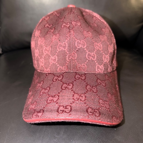 UNISEX GUCCI GG MONOGRAM CANVAS BASEBALL CAP BURGUNDY ADJUSTABLE HAT - Picture 3 of 7